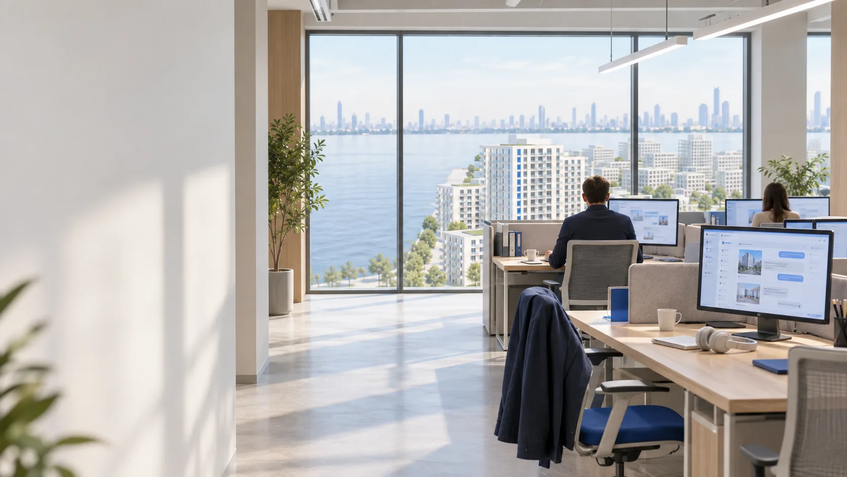 Online sales: manager workstations with chats on the screens