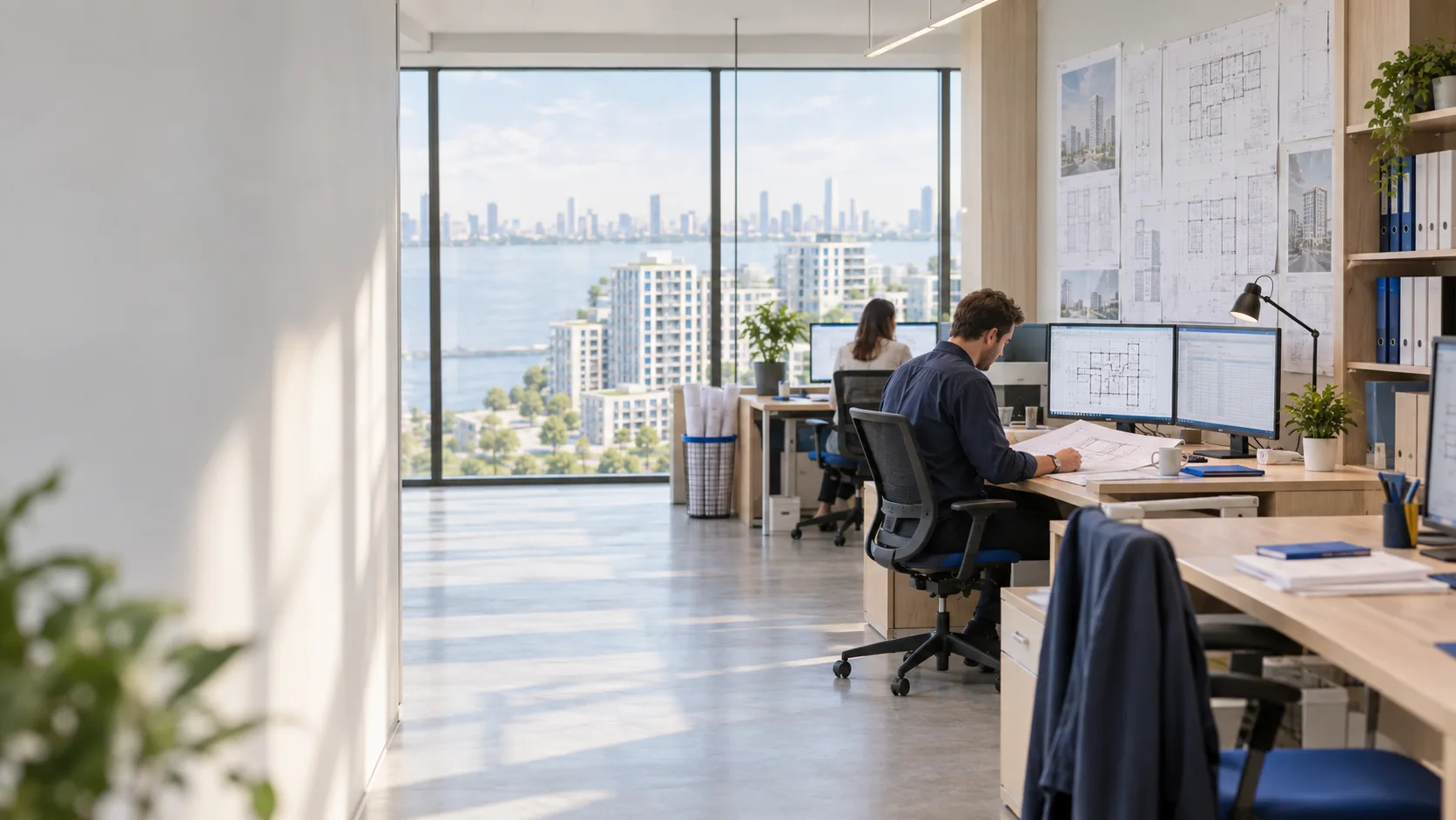Project department: drawings on the monitors and the wall