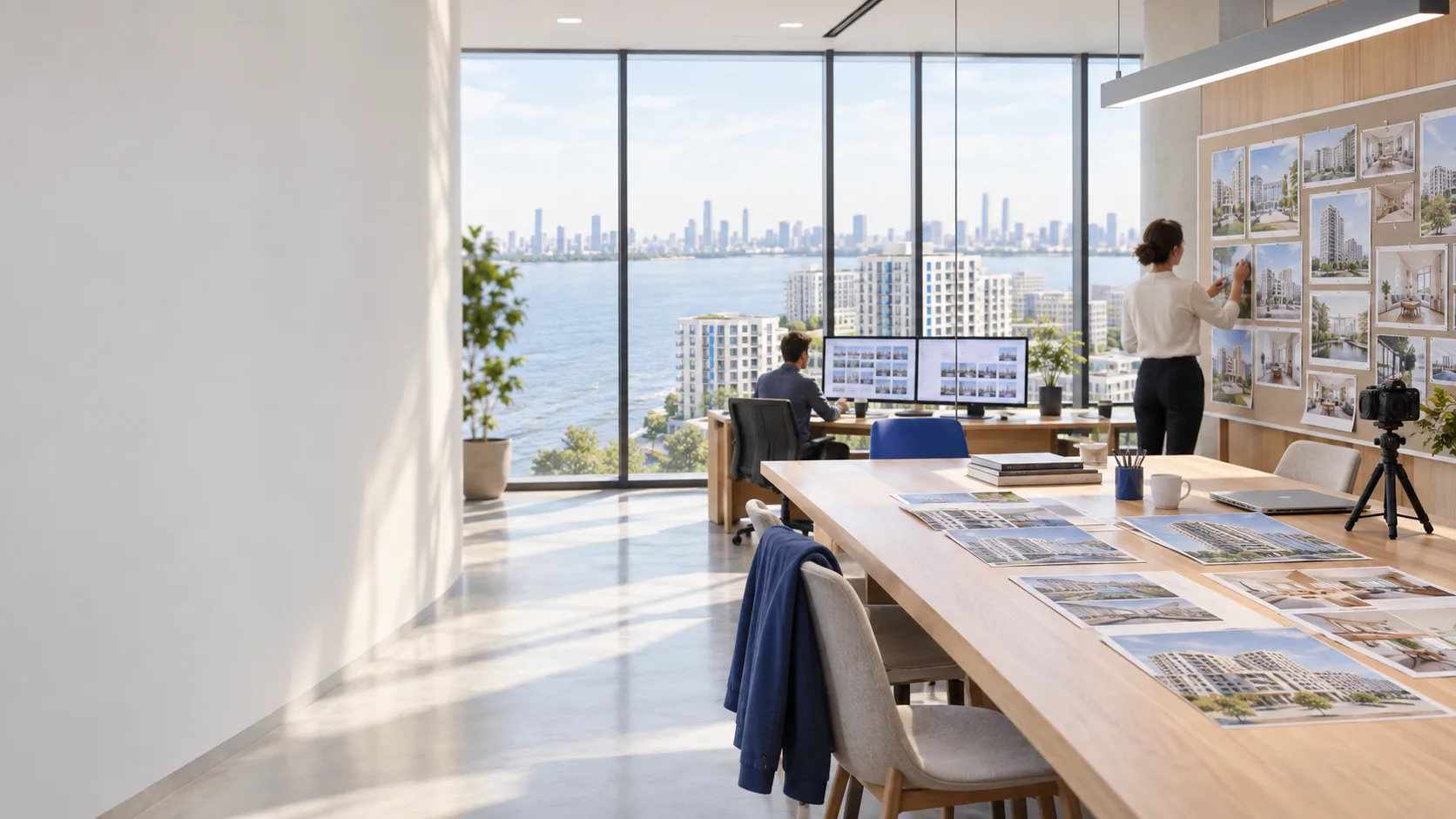 Marketing: property photos on the desk and the wall