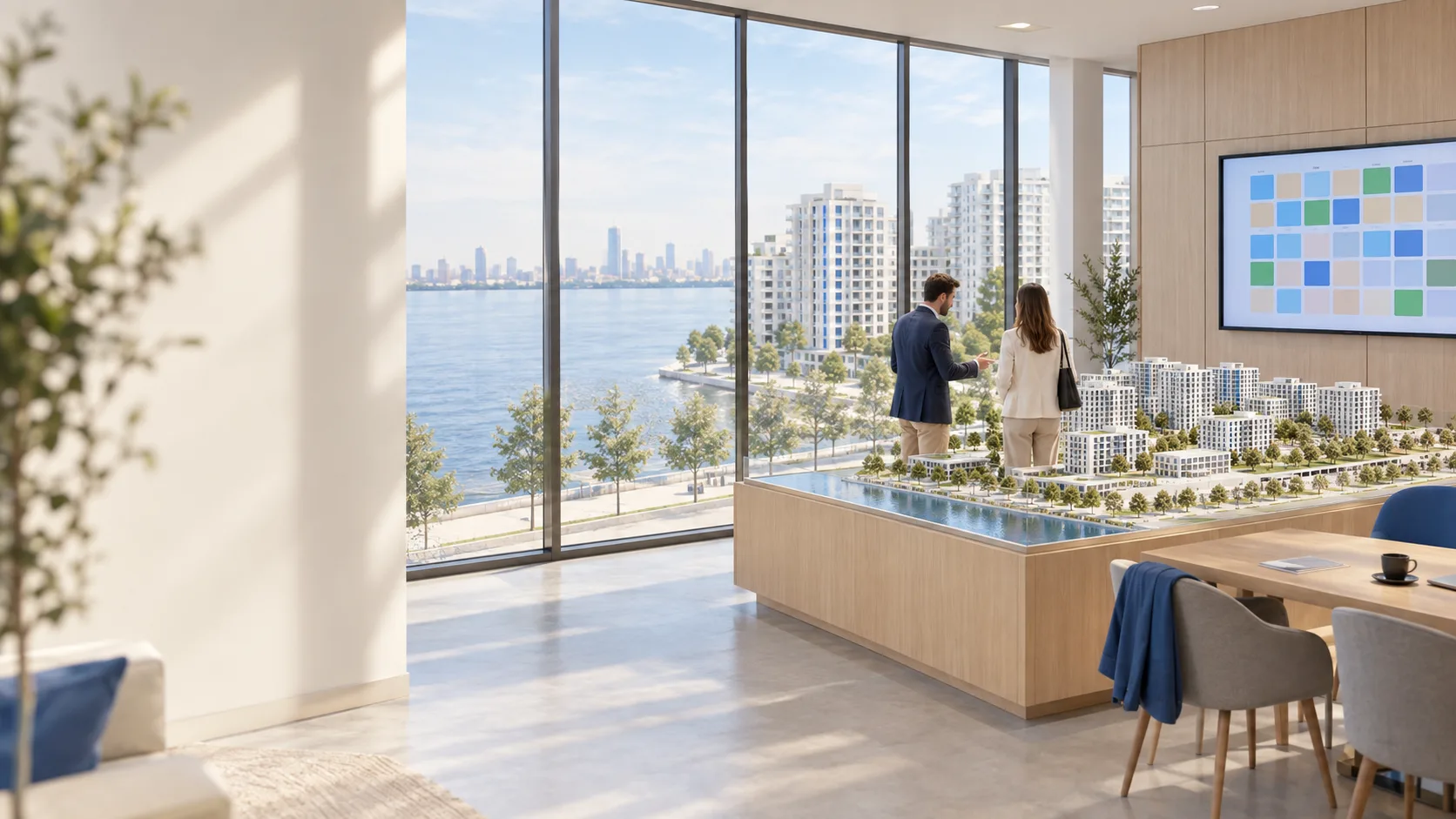 Sales office: a model of the quarter and a stacking plan on screen