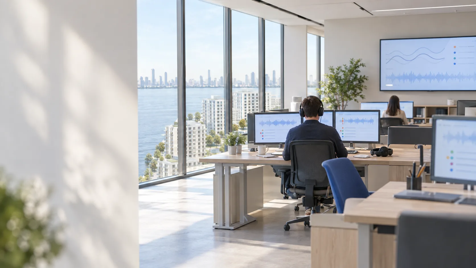 Sales analytics: an analyst listens to a call, audio waveforms on the screens
